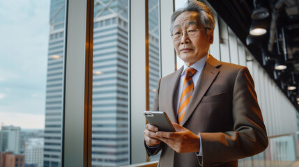Fototapeta premium In an elegant office with floor-to-ceiling windows, a senior middle-aged Asian businessman manager CEO engages in an online meeting, utilizing both his smartphone and laptop.