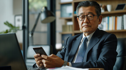 Fototapeta premium A senior middle-aged Asian businessman manager CEO, dressed in a sharp suit, sits at a contemporary desk using a smartphone and laptop, orchestrating online business strategies.