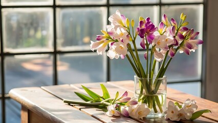 Fresh freesia flowers on wooden table background