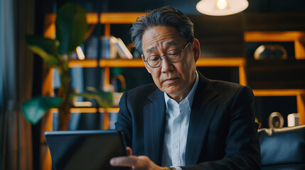 A senior middle-aged Asian businessman manager CEO, immersed in his work, uses a smartphone and laptop in a sophisticated office setting, showcasing the essence of modern leadershi