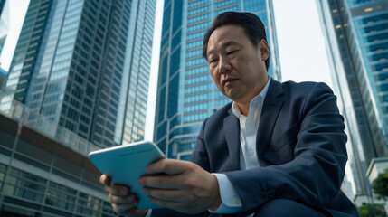 Fototapeta premium With a backdrop of city skyscrapers, a senior middle-aged Asian businessman manager CEO focuses intently on his smartphone and laptop, steering the company's online growth.