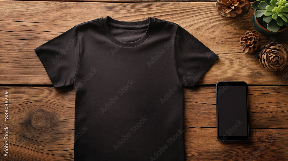 Poster a blank black t-shirt unisex mockup placed on a rustic wooden table, with an empty screen smartphone