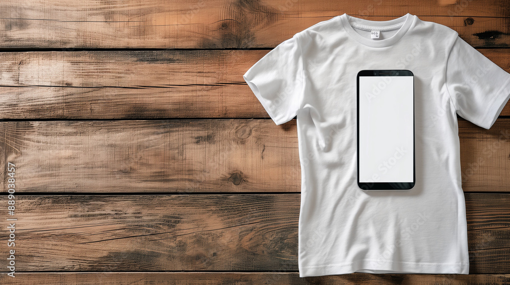 Poster a blank white t-shirt unisex mockup placed on a rustic wooden table, with an empty screen smartphone