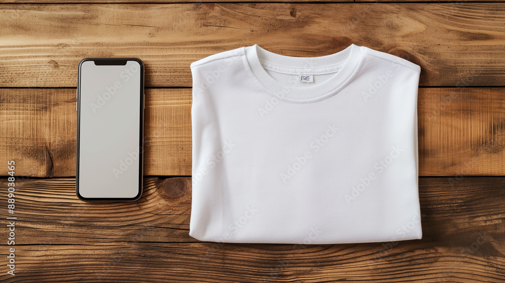 Poster a blank white t-shirt unisex mockup placed on a rustic wooden table, with an empty screen smartphone