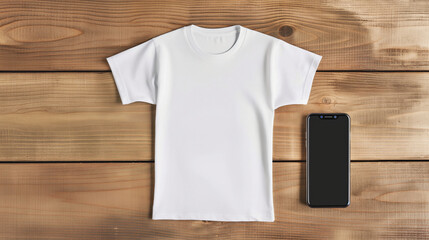 Top view of a blank white t-shirt unisex mockup neatly laid out on a wooden surface, with an empty screen smartphone beside it, ready for a design template.