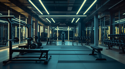 Wide angle shot of an empty modern gym with weights, bars, and racks neatly arranged, the room illuminated by strong lighting creating dramatic nighttime shadows.