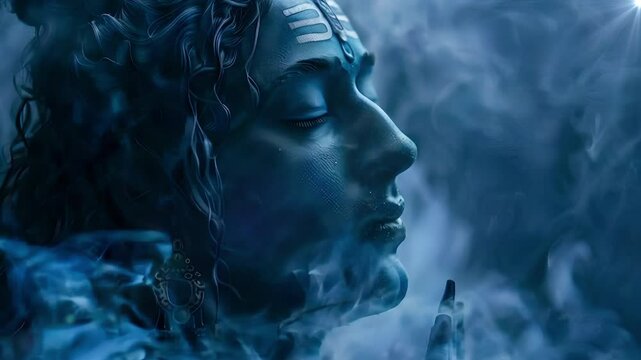 Video recreation of Shiva deity hinduist with blue atmosphere around meditating