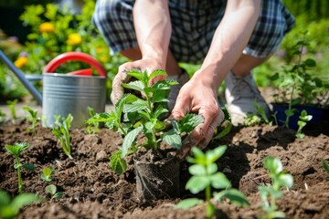 Fototapeta premium Planting a seedling in rich soil in a garden, close-up.
