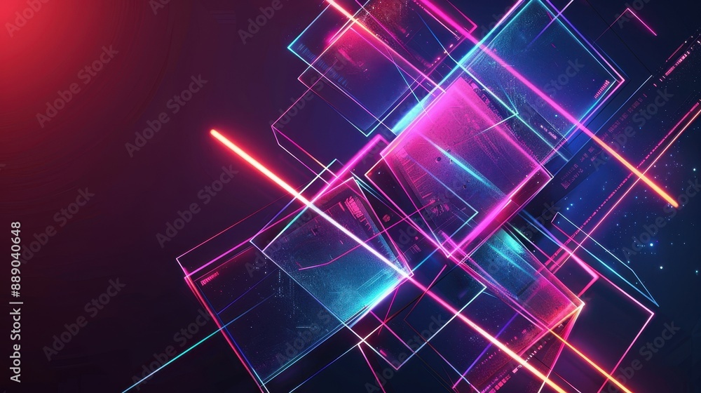 Poster a neon sign with a mountain range in the background. the sign is made up of different shapes and col