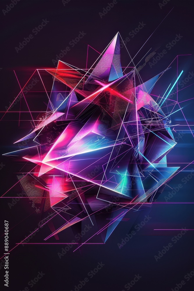 Poster a neon sign with a mountain range in the background. the sign is made up of different shapes and col