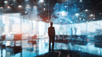 Businessman Looking at a World Map Projection in a Modern Office