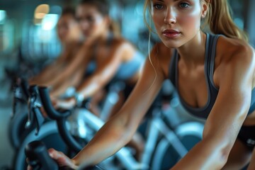 Obraz premium Woman Riding Stationary Bike During Indoor Cycling Class