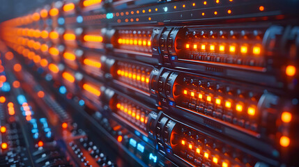Naklejka premium This image showcases rows of illuminated server racks in a data center, ideal for depicting technology infrastructure, IT management, and cloud computing. The vibrant lights emphasize the operational 