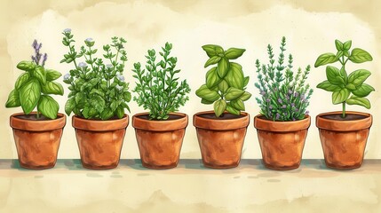 Obraz premium Assorted herbs in terracotta pots, patio garden setting, vintage style, earthy tones, detailed illustration