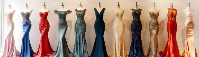 A row of dresses with sequins and sparkles on them. The dresses are in different colors and styles