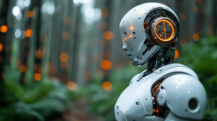 A sleek, futuristic robot with glowing orange lights is set against a blurred forest backdrop. Perfect for use in AI, technology, or sci-fi themes, highlighting innovation and the future of robotics.