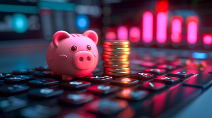 A pink piggy bank and a stack of coins on a keyboard with financial graphs in the background, suitable for illustrating financial savings, investment, and budgeting concepts.