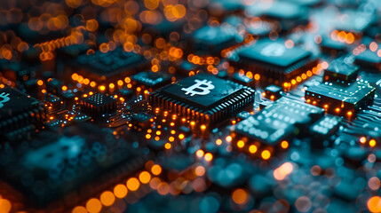 Obraz premium Close-up of a Bitcoin symbol printed computer chip, surrounded by other electronic components and glowing lights. The image ideal illustrating topics related cryptocurrency, blockchain technology