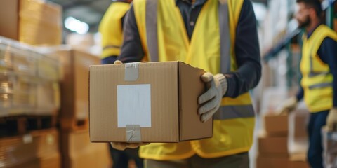 Fragile Item Handling by Couriers Carefully Packaging and Transporting Delicate Goods in Warehouse Couriers wearing protective gear carefully handling and packaging fragile items for secure delivery