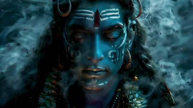 Video recreation of Shiva deity hinduist with spiritual atmosphere around meditating