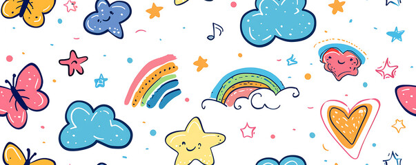 Naklejka premium Cute vibrant playful Kid Doodle Icons Seamless Pattern