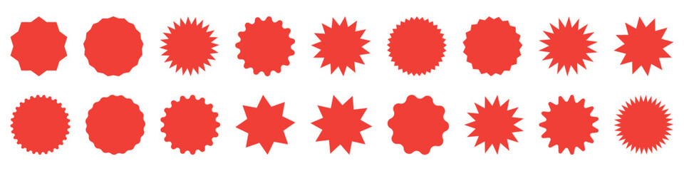 Set of red starburst, sunburst badges. Design elements - best for sale sticker, price tag, quality mark. Flat vector illustration isolated on white background.