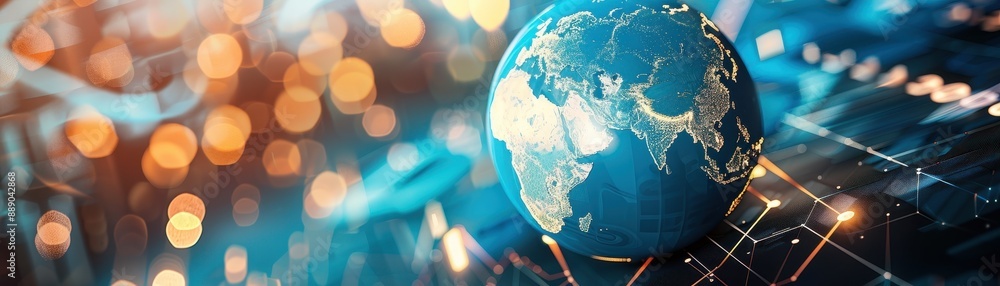 Poster a globe sits on a table with a pile of coins. the globe is a small, white, and colorful object that 
