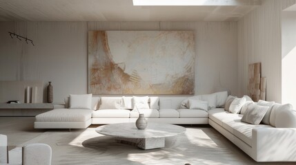 A minimalist living room with a white sectional sofa