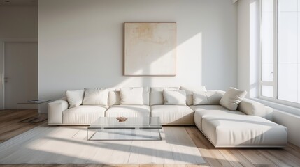 A minimalist living room with a white sectional sofa