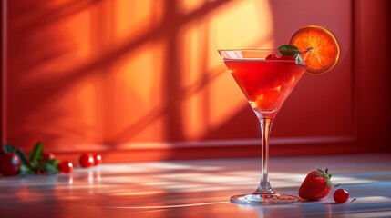 Red Cocktail With Orange Slice and Strawberry on a Table
