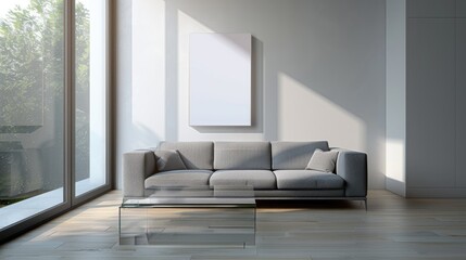 Fototapeta premium A minimalist living room with a grey sofa
