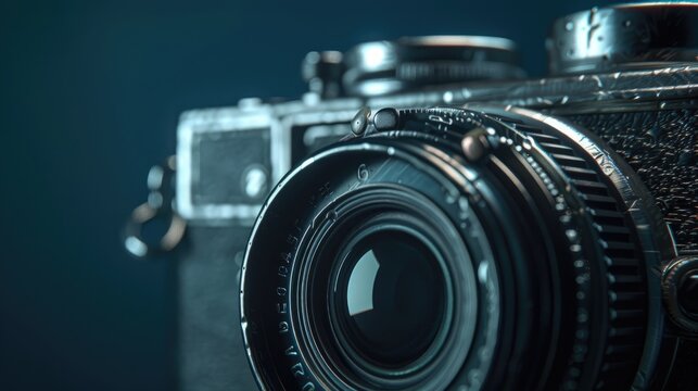 Old camera close up on dark backdrop