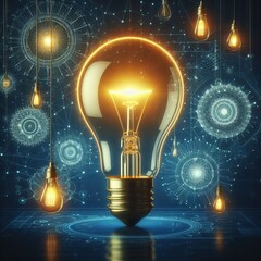 A glowing light bulb representing creativity and innovation with tags for bulb, light, lamp, idea, and energy