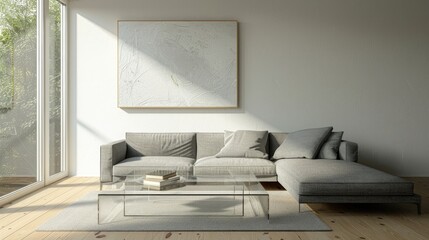 A minimalist living room with a grey sofa