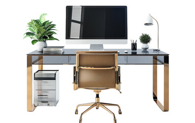 A sleek and modern office space with a glass desk, a gold chair, and a lamp