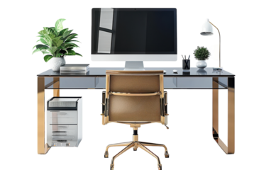 A sleek and modern office space with a glass desk, a gold chair, and a lamp