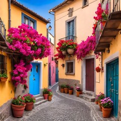 Houses decorated with pink flowers in Italian street.  