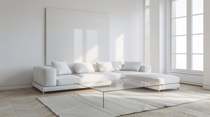 A minimalist living room with a white sofa