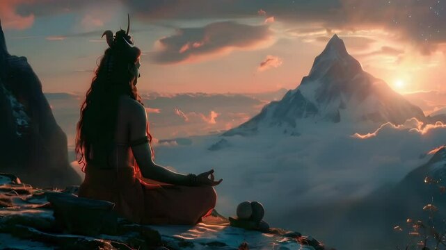 Video recreation of Shiva deity hinduist meditating in the Mount Kailash at sunset