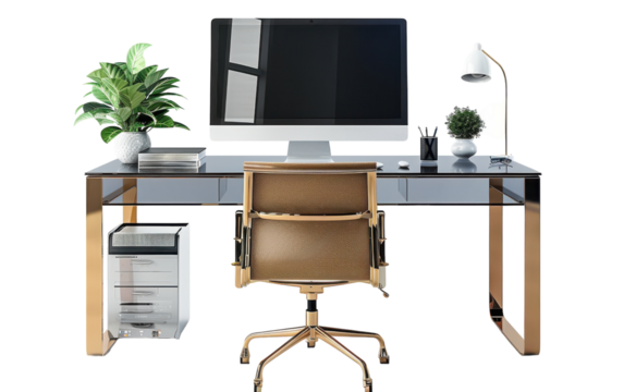 A sleek and modern office space with a glass desk, a gold chair, and a lamp