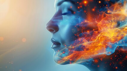 A woman's face is shown with a blue background and orange flames surrounding her. Concept emotional intelligence, exploring the mind, self-discovery, introspection, thinking process.