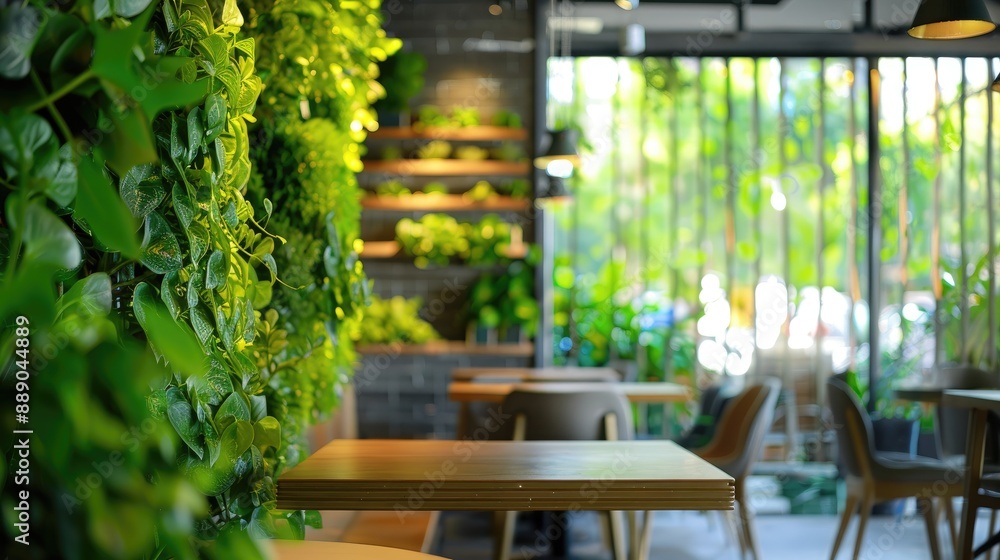 Sticker interior of an eco friendly cafe with a living green wall abstract backdrop blurred movement and spa