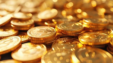 A pile of gold coins with the letter B on them. The coins are shiny and golden. Concept of wealth and luxury