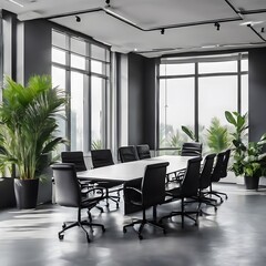 office interior with black chairs and mat black metal table sitting on a shiny gray floor with tropical plants, seminar conference meeting boardroom