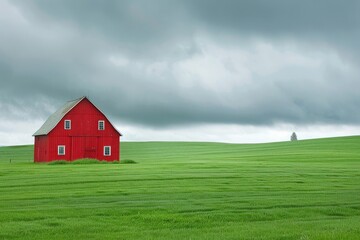 Fototapeta premium Classic red barn in a vast green field under a cloudy sky