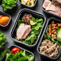 plastic black container box with healthy meal including white meat, fresh green salad and vegetables. Tasty lunch with high protein foods for muscle building.