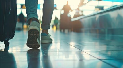 Traveler walking through airport with luggage. Low angle shot of legs and suitcase. Travel and journey concept.