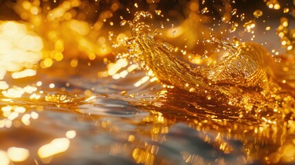 Naklejka premium A splash of liquid with a golden hue. The splash is in the air and has a sense of movement and energy