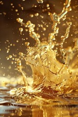 A splash of liquid with a golden hue. The splash is in the air and has a sense of movement and energy