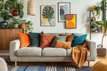 Warm Living Room with Earthy Tones and Lush Greenery